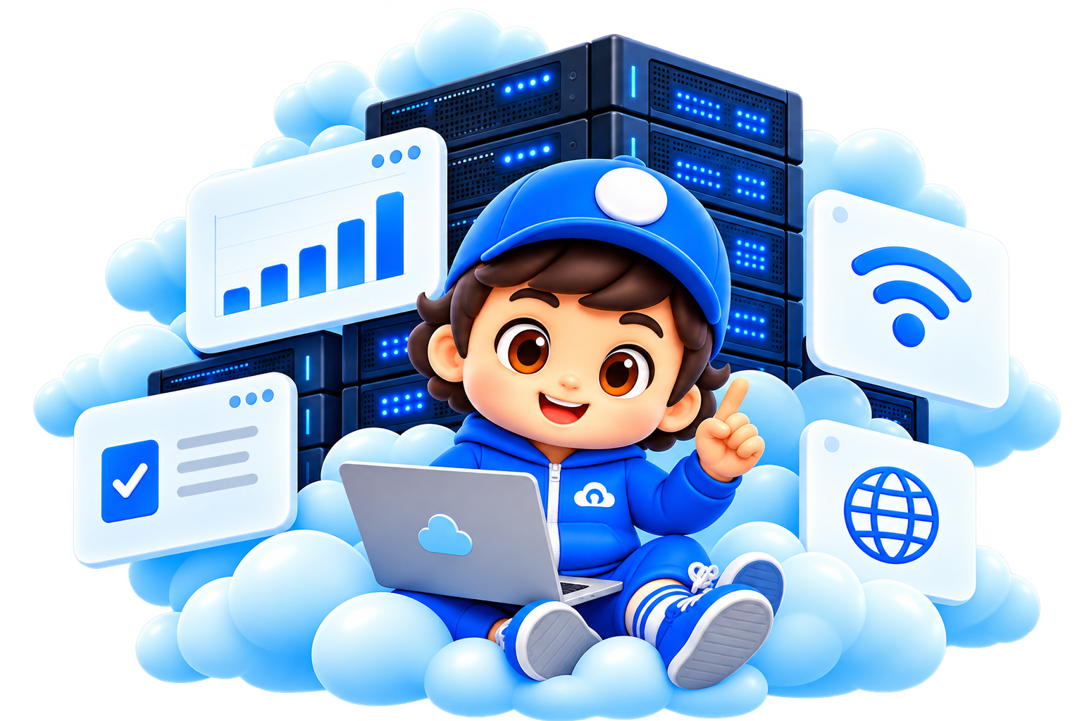 Maskot Lambda Billing duduk di atas awan sambil memegang laptop